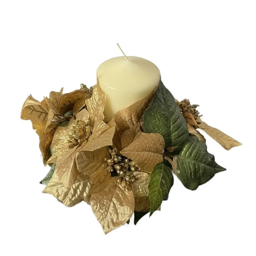 Gold Poinsettia & Green Leaf Circular Holiday Candle Holder w/Large Candle